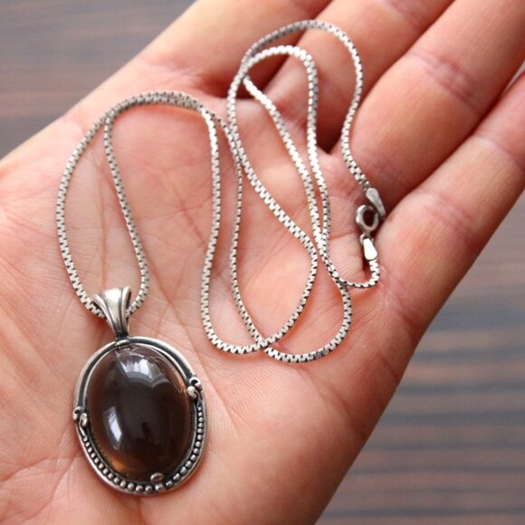 Sterling Smoky Quartz Cabachon Necklace with 925 Chain - Picture 2 of 10